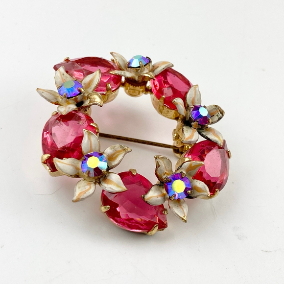Vintage Austrian Coral Pink Rhinestone Gold Tone Enamel Flower Glass Brooch - Picture 3 of 6